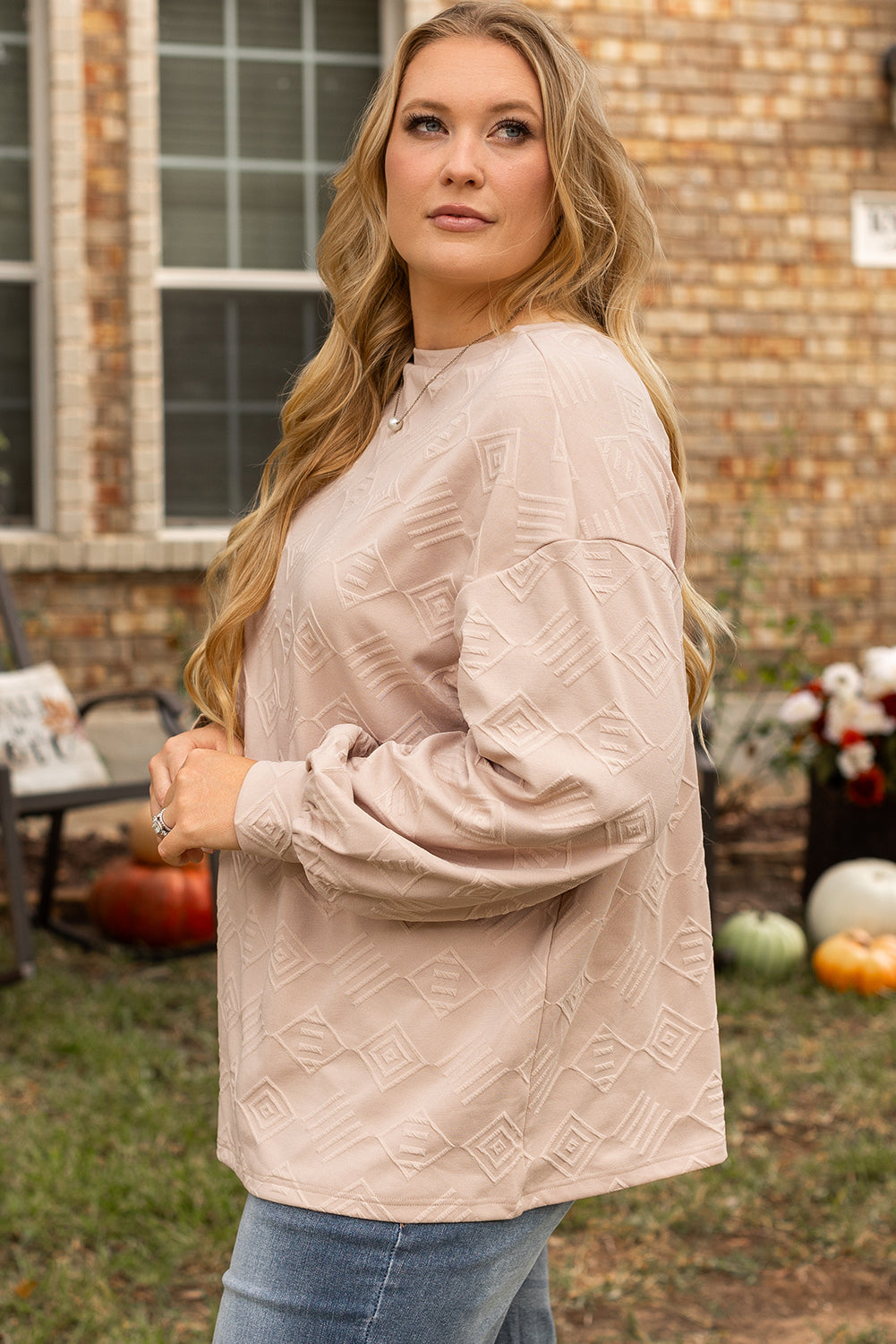 Parchment Plus Size Textured Drop Shoulder Crew Neck Sweatshirt-Chaelisa's New Jammies