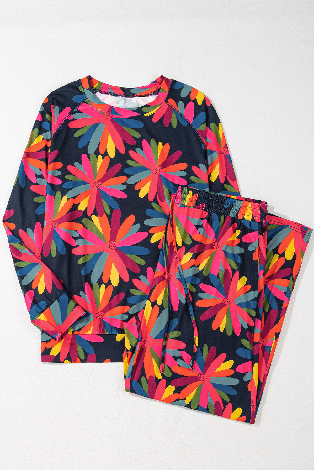 Black Plus Size Printed Long Sleeve and Pants Lounge Set-Chaelisa's New Jammies