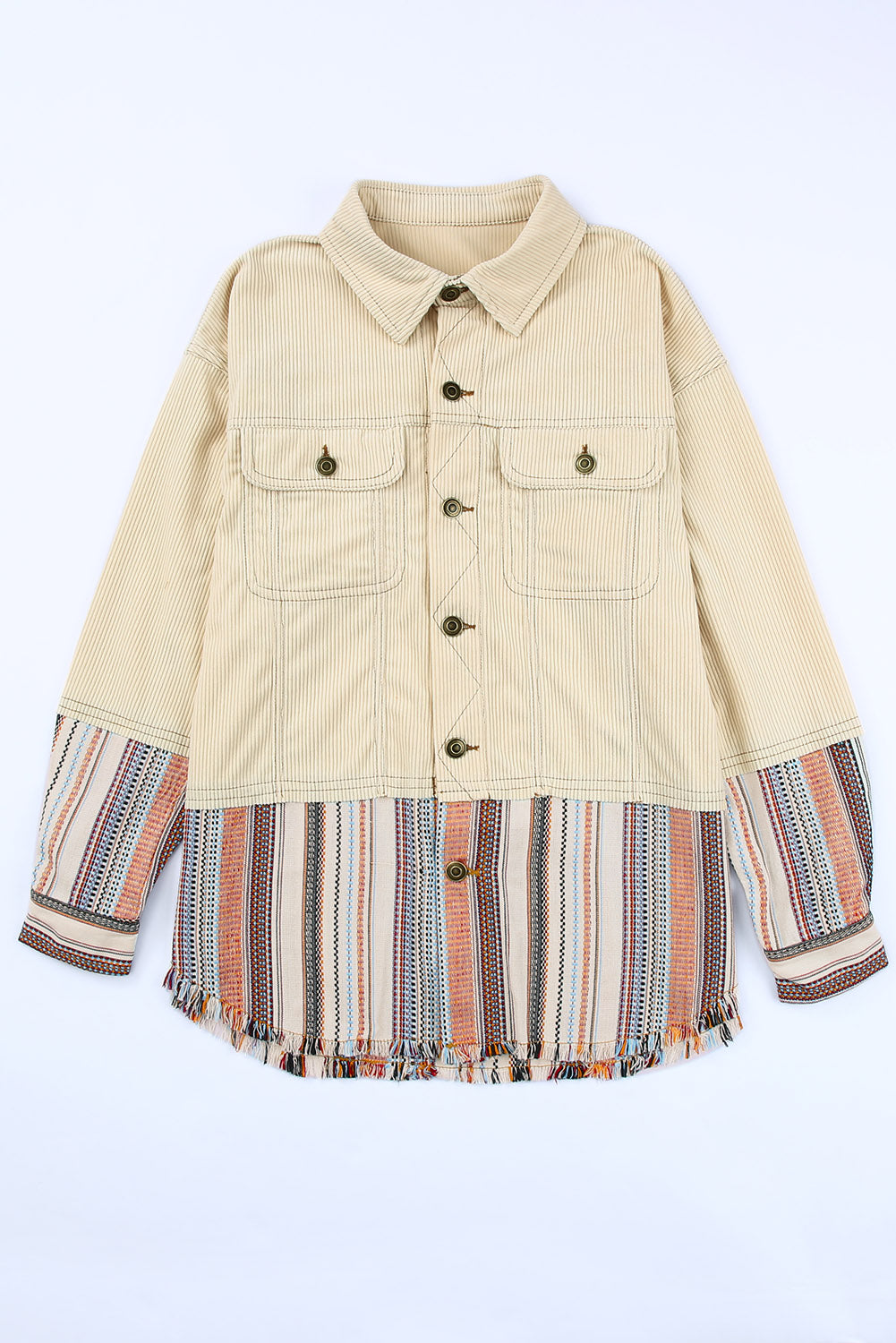Button Up Pockets Striped Color Block Corduroy Jacket-Chaelisa's New Jammies