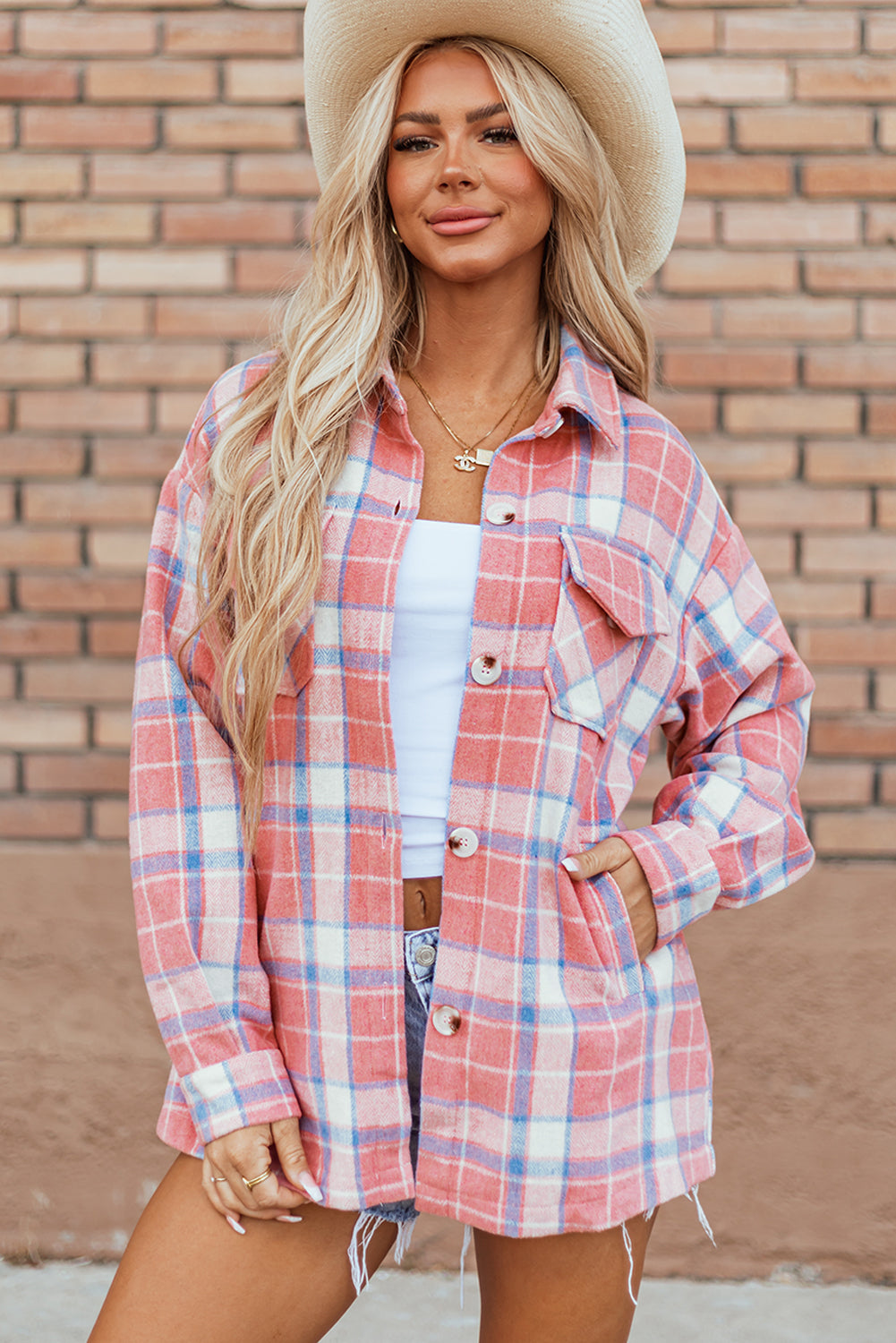 Pink Plaid Flap Pocket Button Up Shacket-Chaelisa's New Jammies