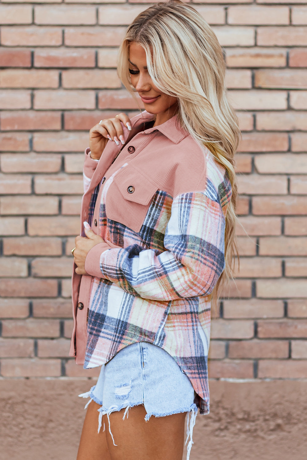 Light Pink Plaid Corduroy Patchwork Pocket Loose Shacket-Chaelisa's New Jammies