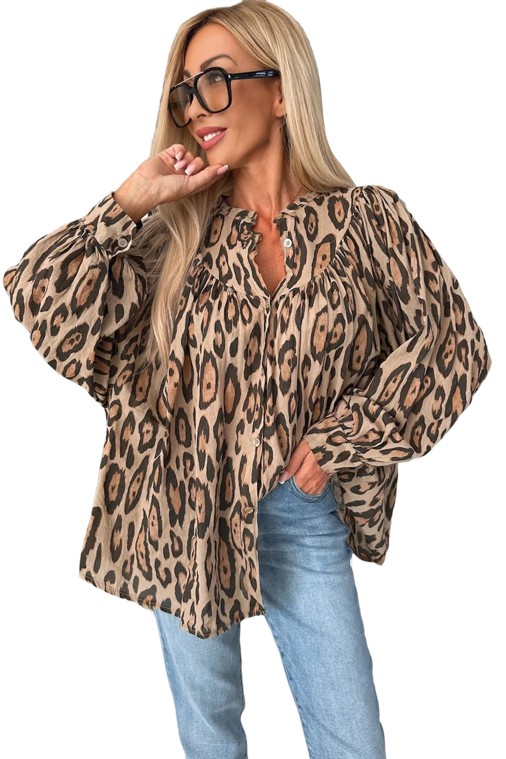 Light French Beige Oversized Leopard Print Balloon Sleeve Casual Shirt-Chaelisa's New Jammies