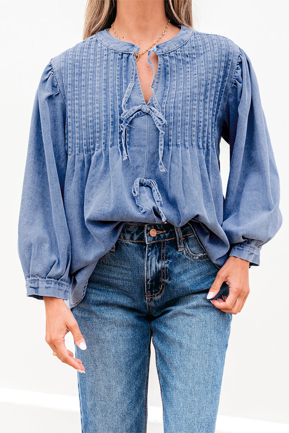 Myosotis Denim Front Pintuck Bow Tie Puff Sleeve Top-Chaelisa's New Jammies