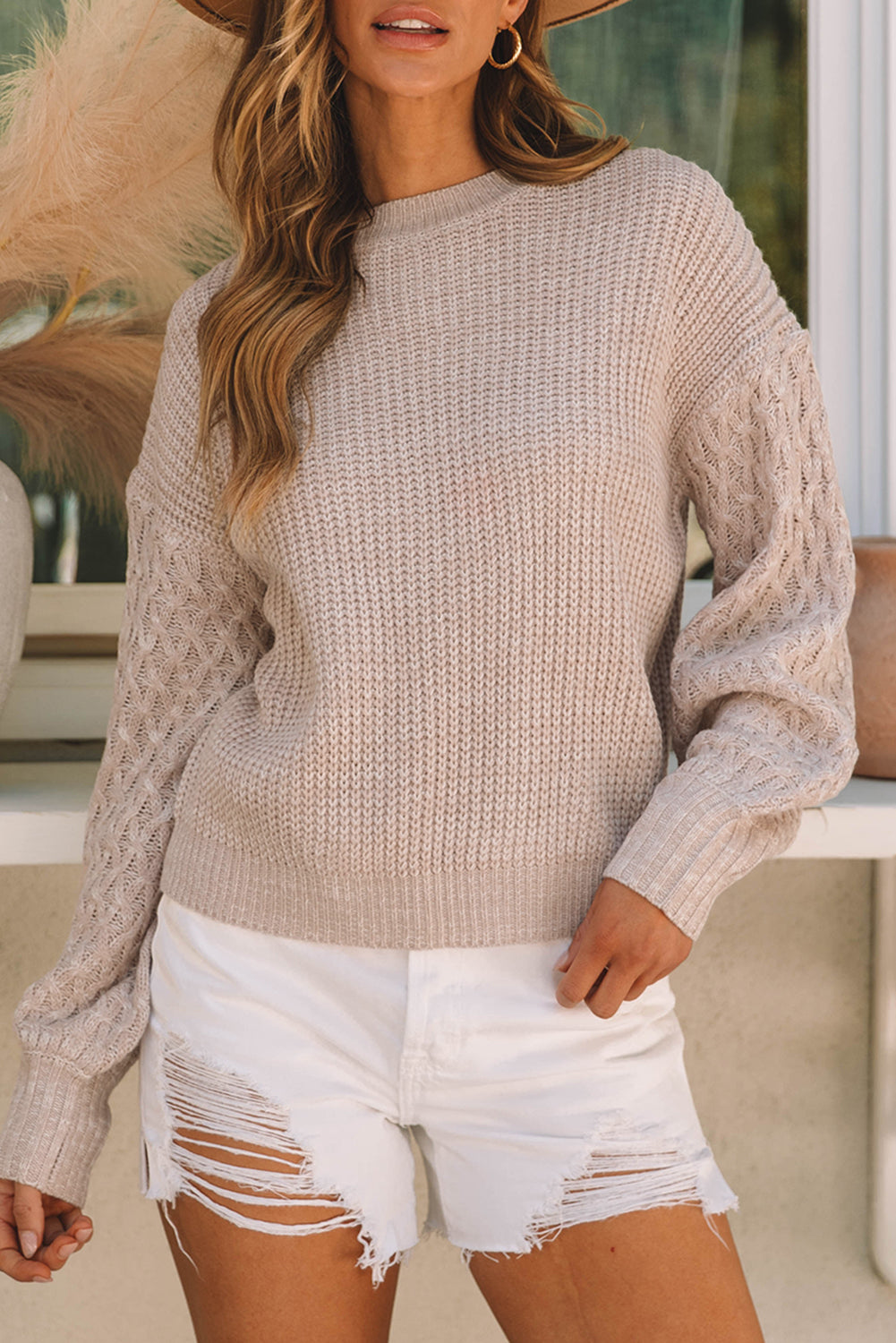 Parchment Cable Knit Sleeve Drop Shoulder Sweater-Chaelisa's New Jammies