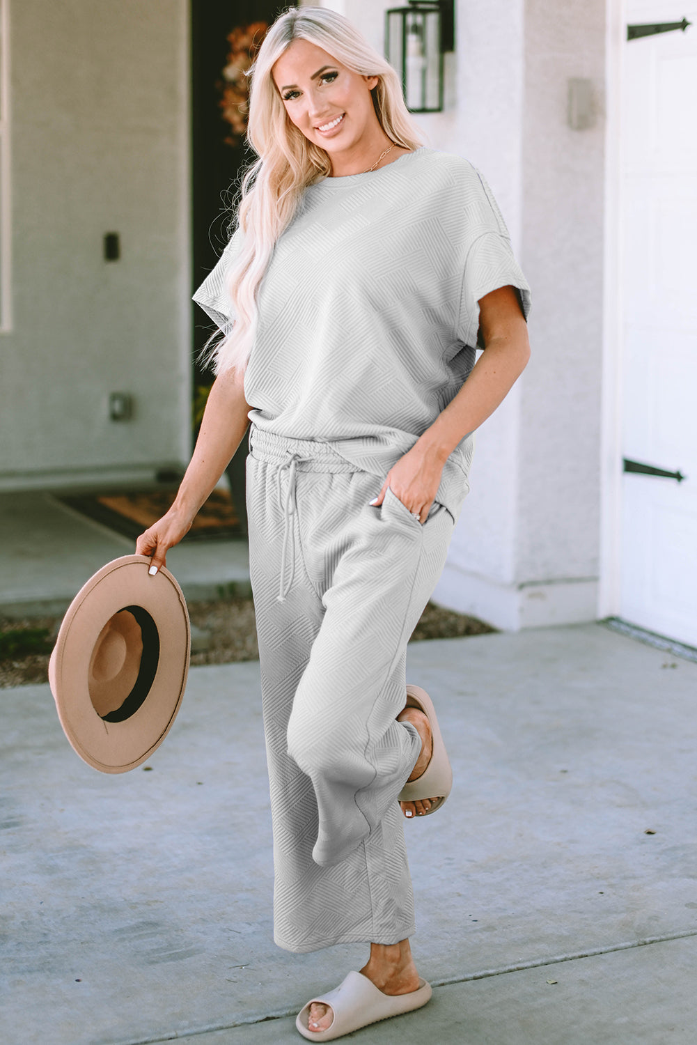Gray Textured Loose Fit T Shirt and Drawstring Pants Set-Chaelisa's New Jammies