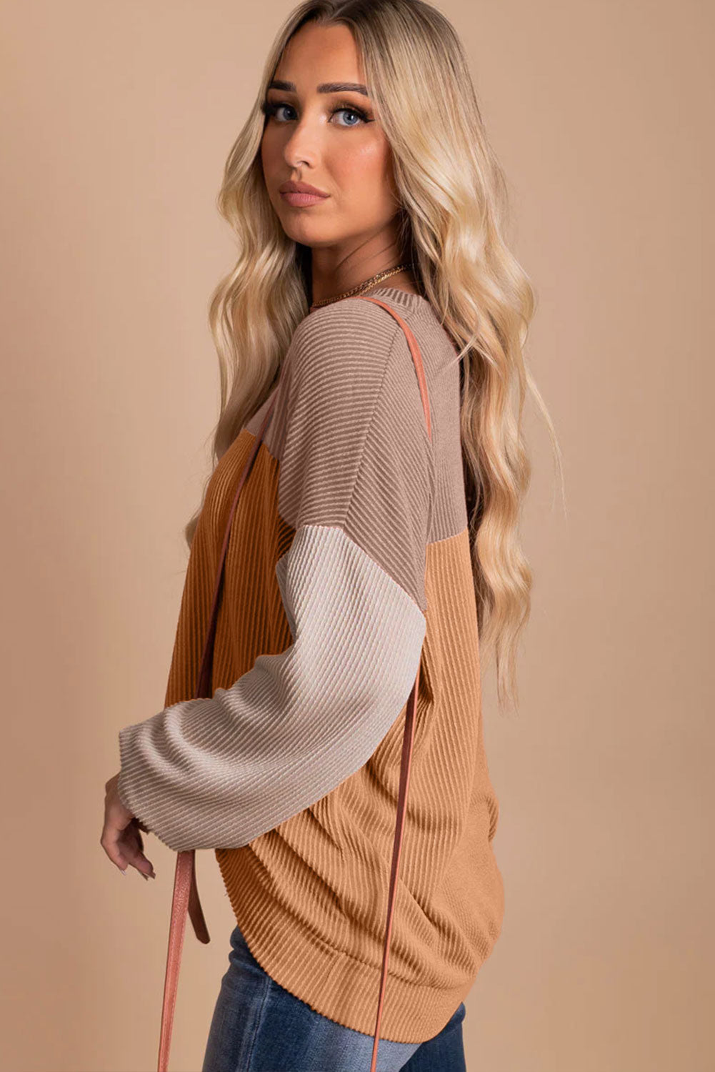 Khaki Color Block Long Sleeve Ribbed Loose Top-Chaelisa's New Jammies