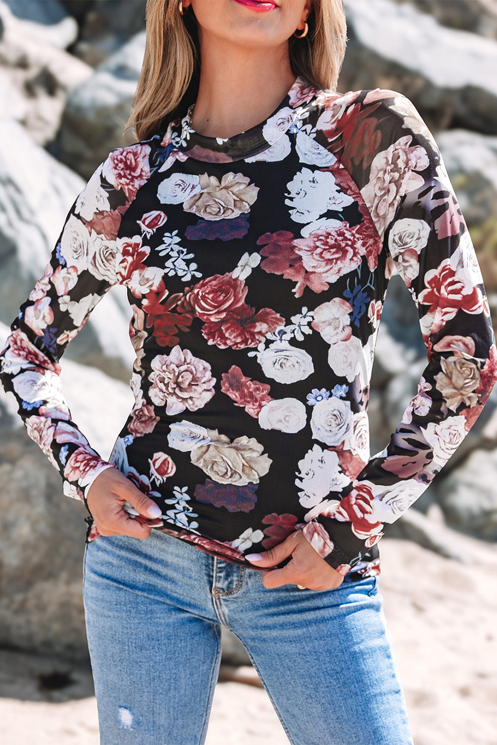 Pink Mesh Floral Print Mock Neck Long Sleeve Slim Top-Chaelisa's New Jammies