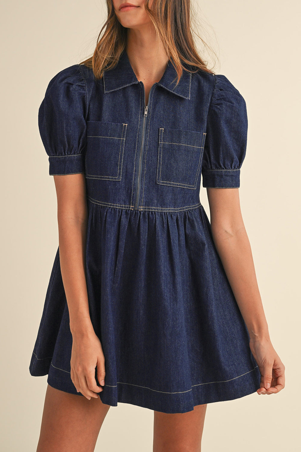 Dirty blue Zipped up Bodice Collared Short Puff Sleeve Denim Dress-Chaelisa's New Jammies