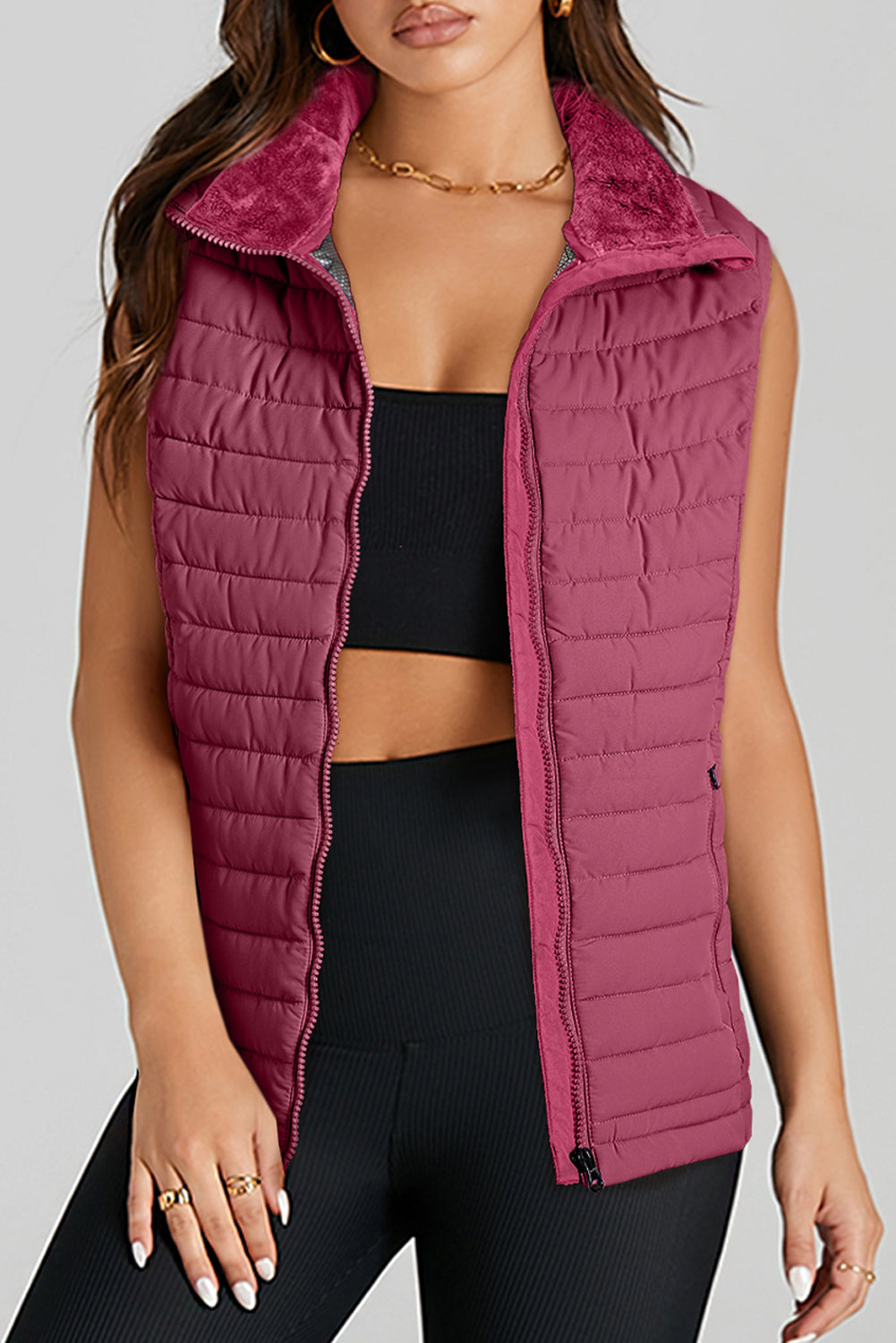 Burgundy Plush Collared Quilted Zipped Puffer Vest-Chaelisa's New Jammies