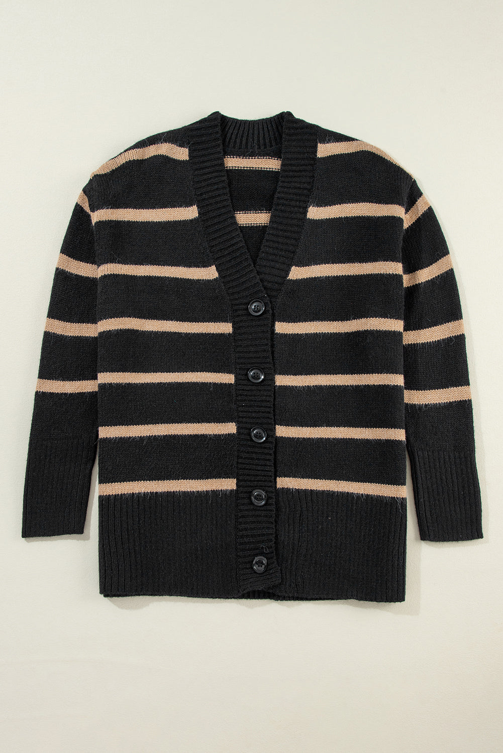 Black Stripe Buttoned V Neck Drop Shoulder Loose Cardigan-Chaelisa's New Jammies