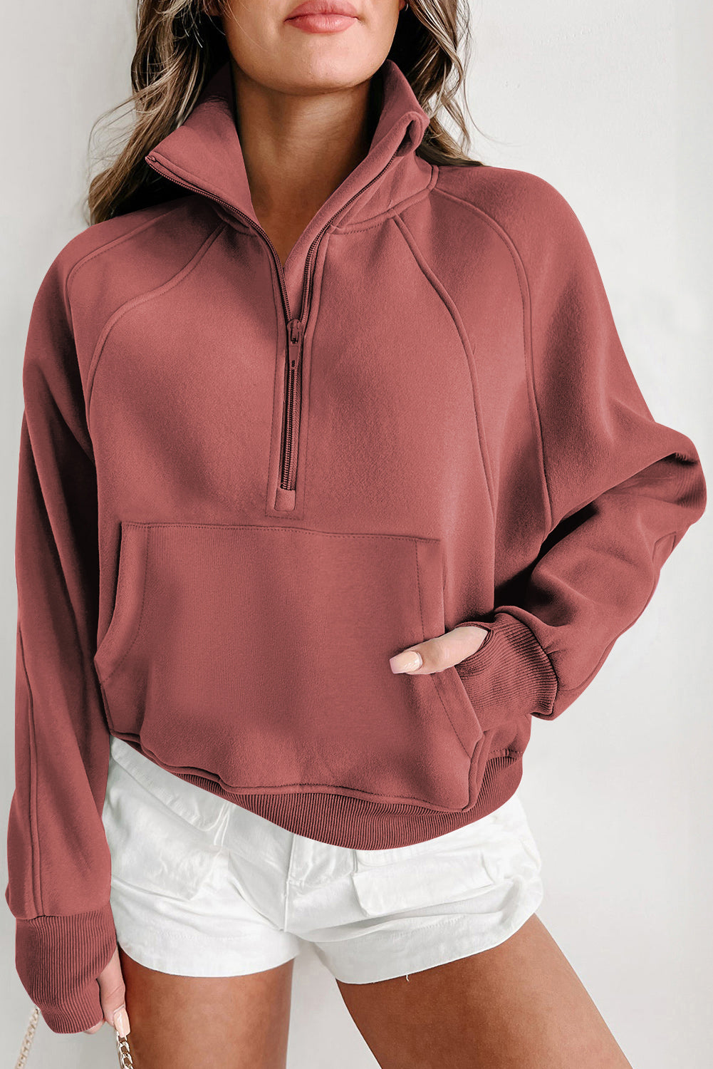 Gray Zip Up Stand Collar Ribbed Thumbhole Sleeve Sweatshirt-Chaelisa's New Jammies