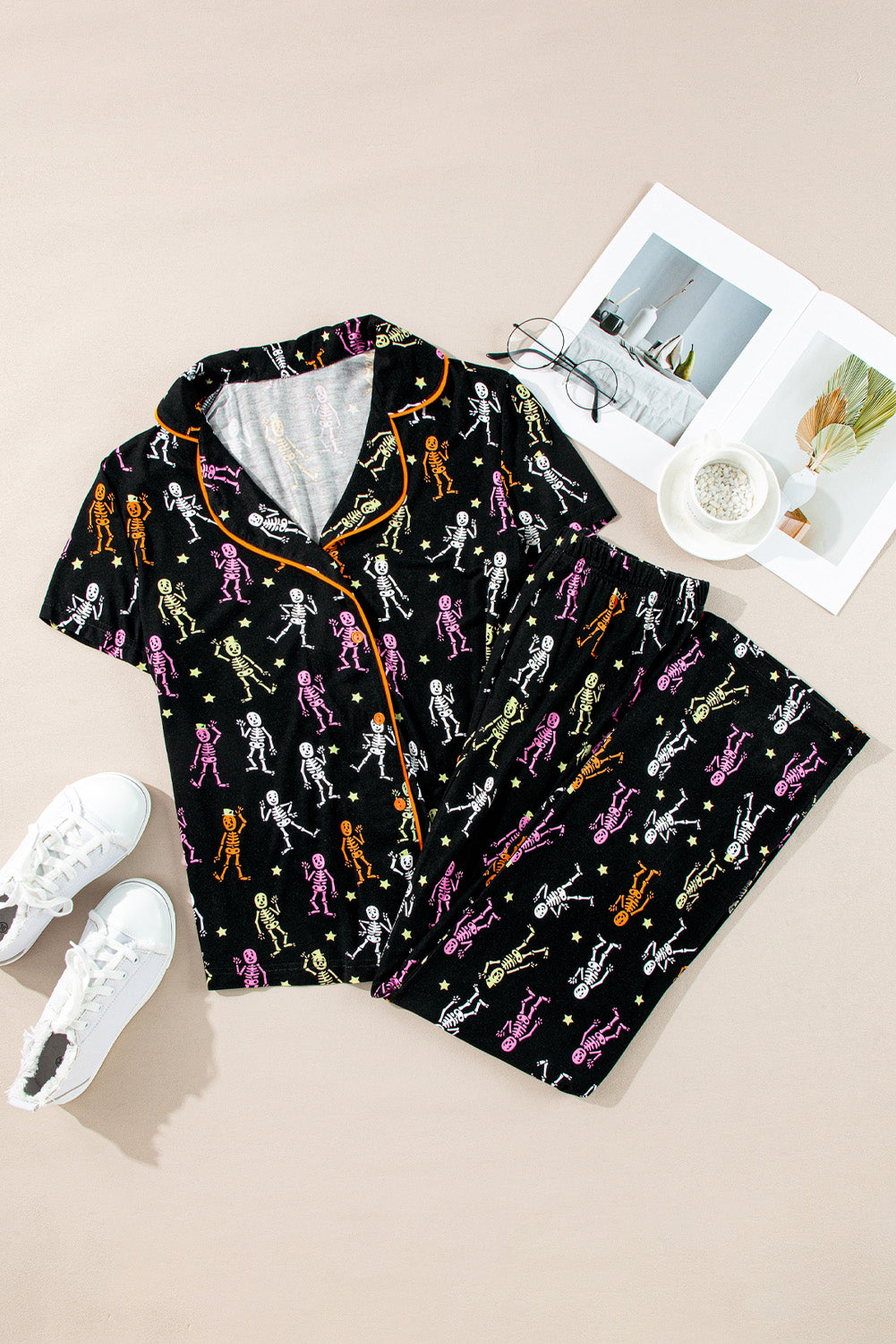 Black Halloween Pattern Short Sleeve Shirt Pajama Set-Chaelisa's New Jammies