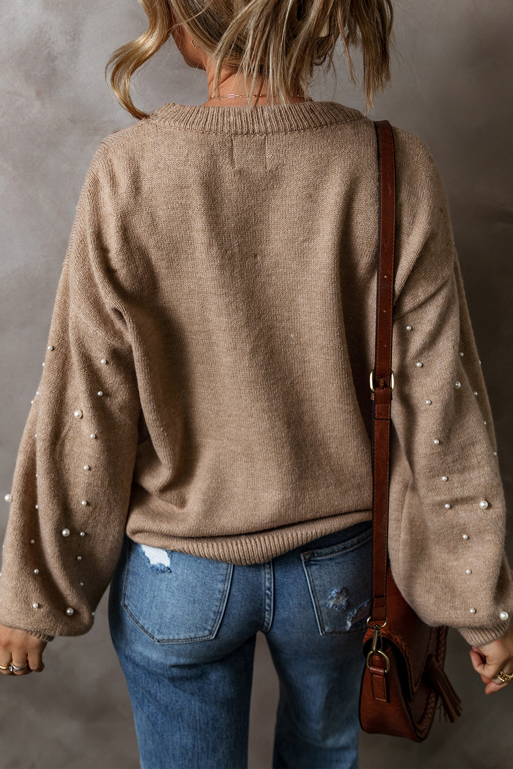 Smoke Gray Pearled Drop Shoulder Round Neck Sweater-Chaelisa's New Jammies