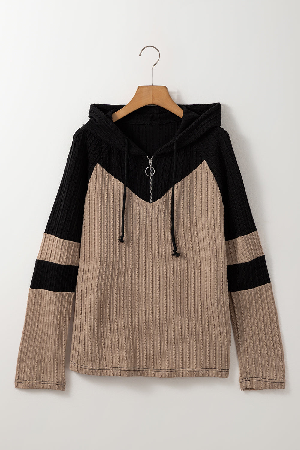 Parchment Textured Colorblock Long Sleeve Quarter Zip Drawstring Hooded Top-Chaelisa's New Jammies
