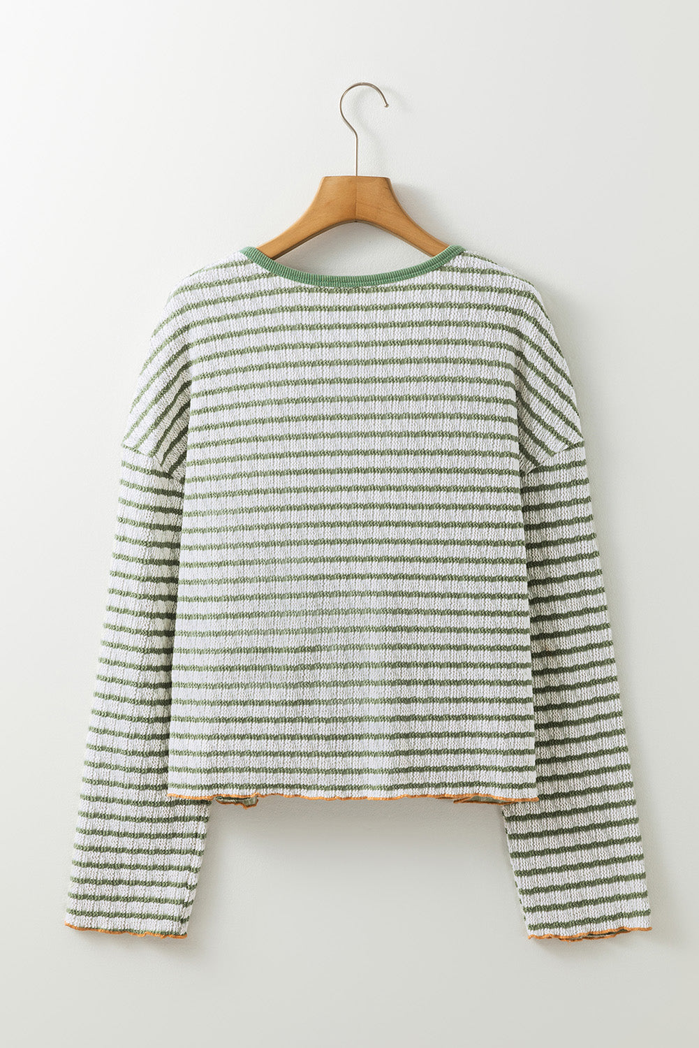 Green Stripe Textured Frilly Trim Buttons Henley Long Sleeve Top-Chaelisa's New Jammies