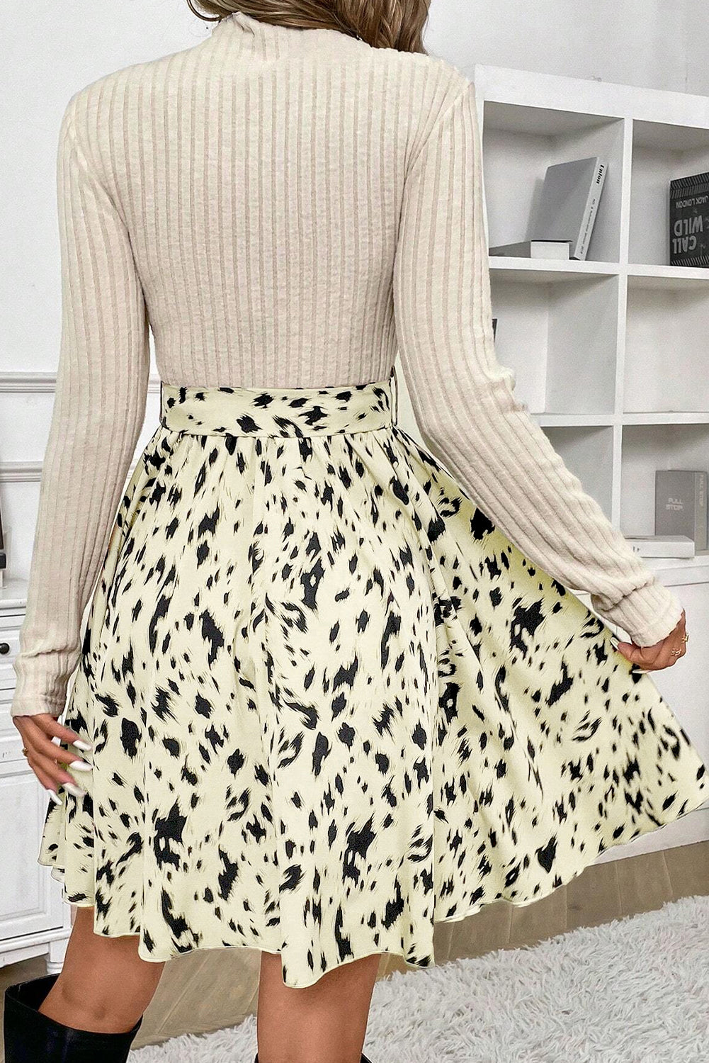 Beige Ribbed Knit Patchwork Printed Belted A-line Dress-Chaelisa's New Jammies