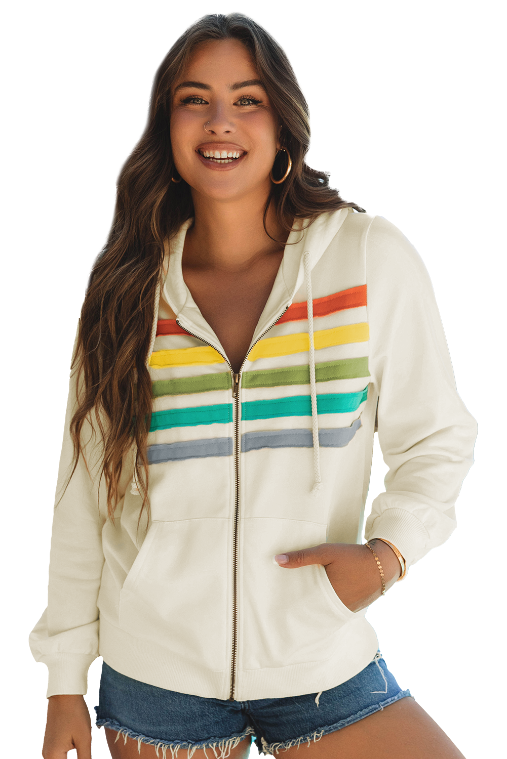 Apricot Colorblock Striped Patchwork Side Pockets Zipper Hoodie-Chaelisa's New Jammies