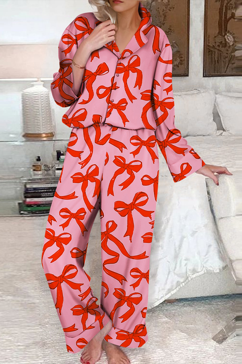 Pink 2pcs Bow Print Shirt Style Long Sleeve Pajama Set-Chaelisa's New Jammies