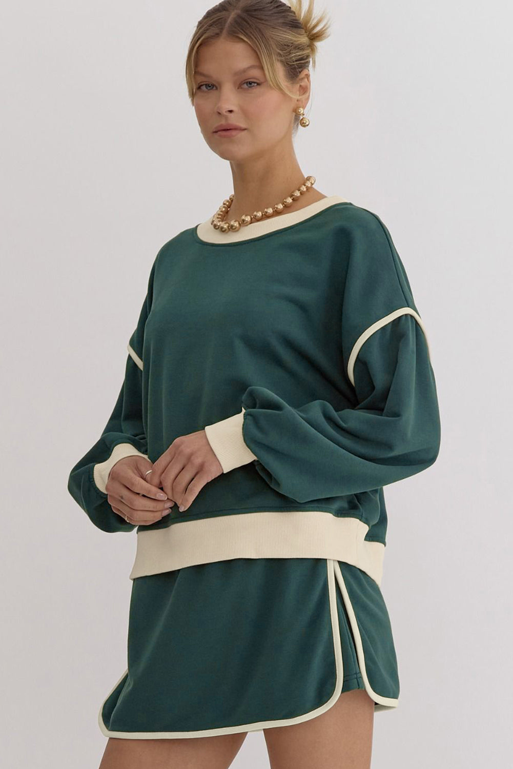 Evergreen Color Contrast Loose Pullover and Lace-up Waist Skort Set-Chaelisa's New Jammies