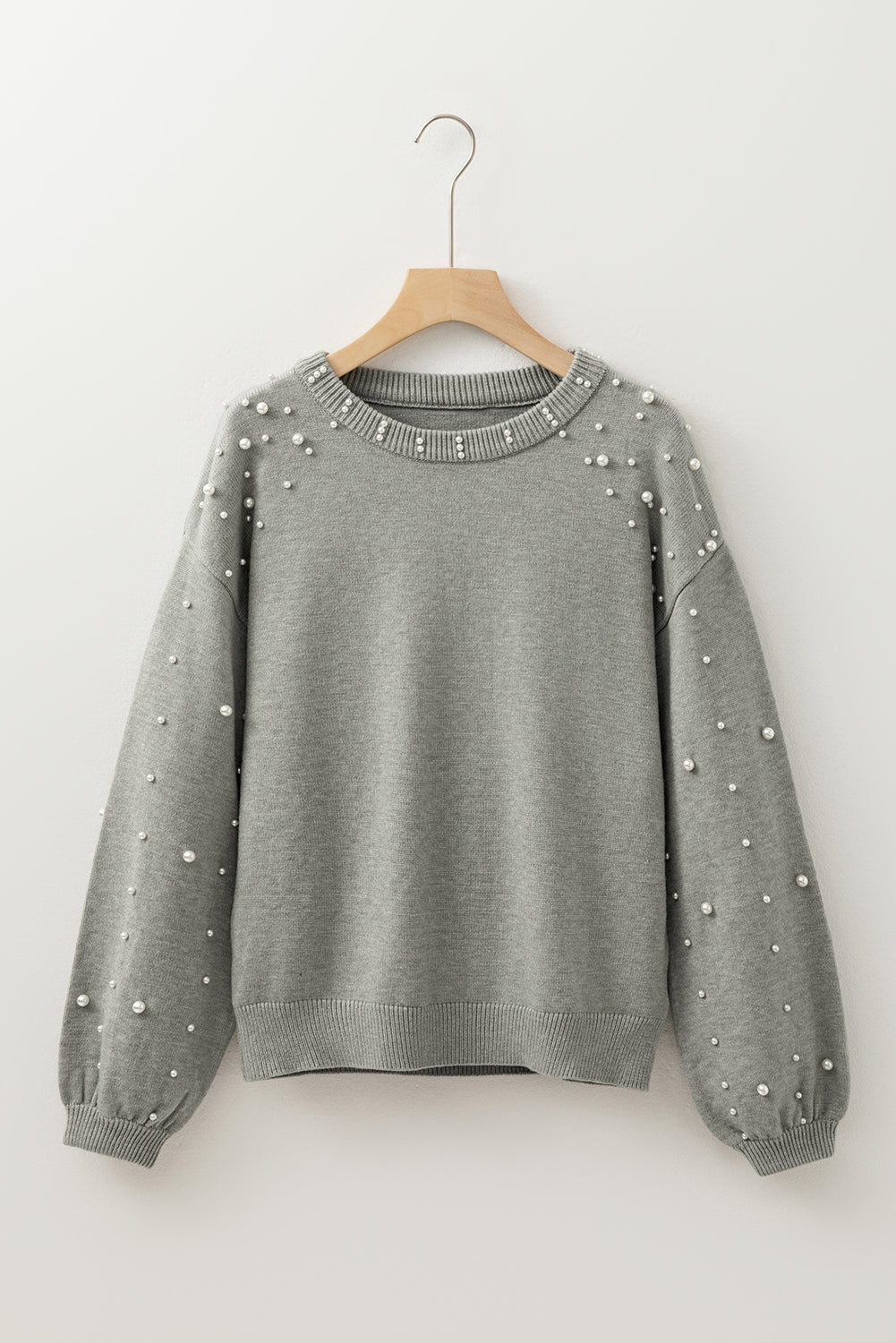 Light Grey Pearled Drop Shoulder Round Neck Sweater-Chaelisa's New Jammies