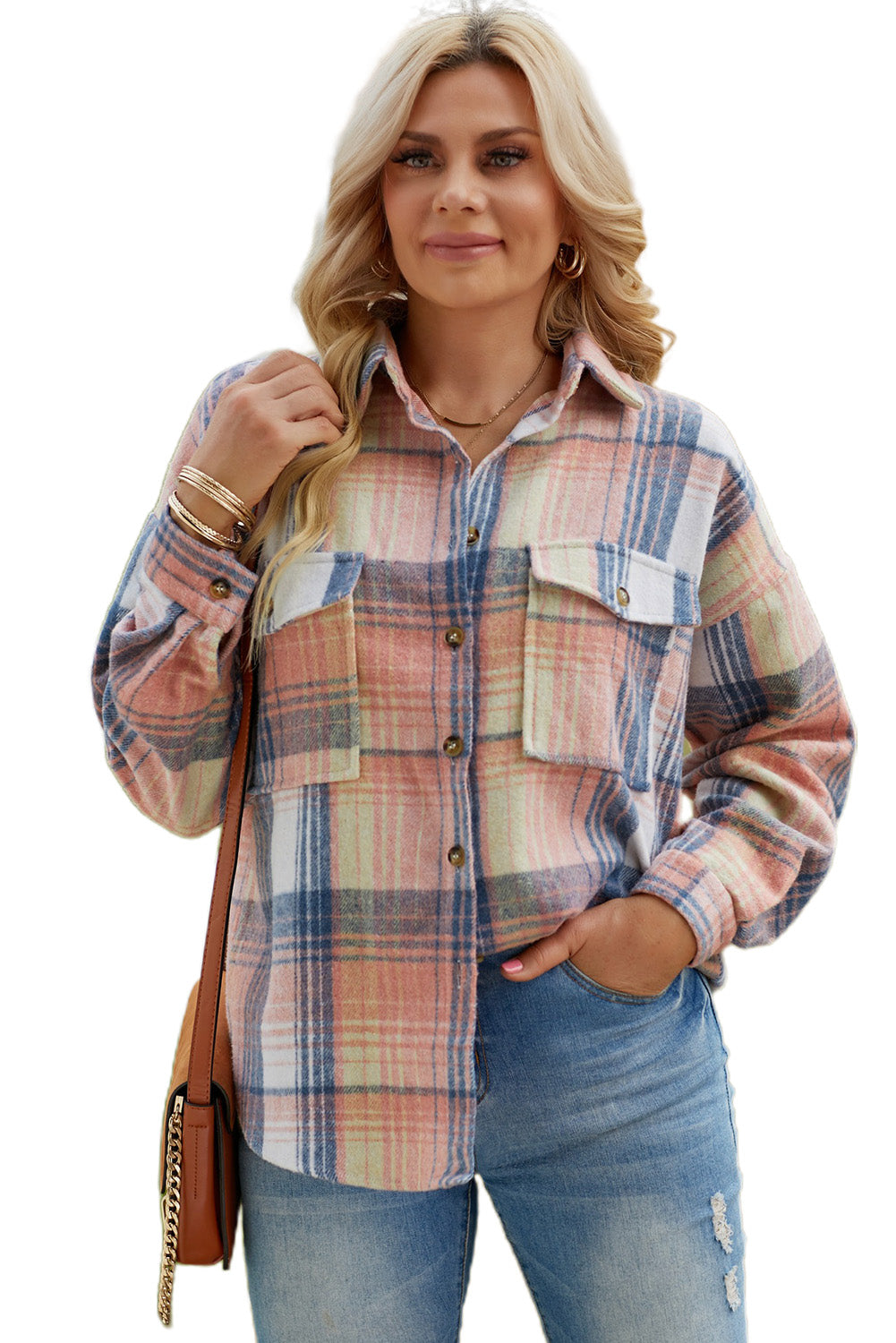Pink & Grey Plaid Button Up Collared Flannel Shacket-Chaelisa's New Jammies