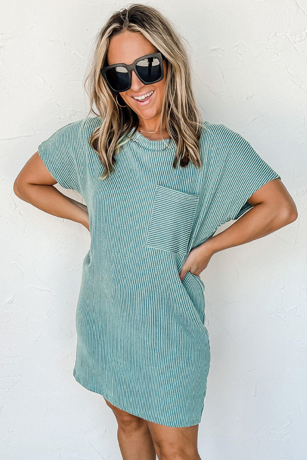 Blue Striped Ribbed Knit T-shirt Shift Dress-Chaelisa's New Jammies
