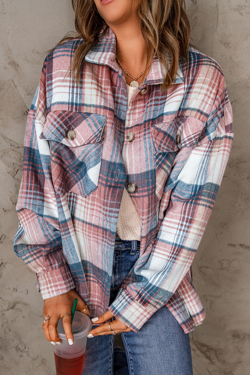 Pink & Grey Plaid Button Up Collared Flannel Shacket-Chaelisa's New Jammies
