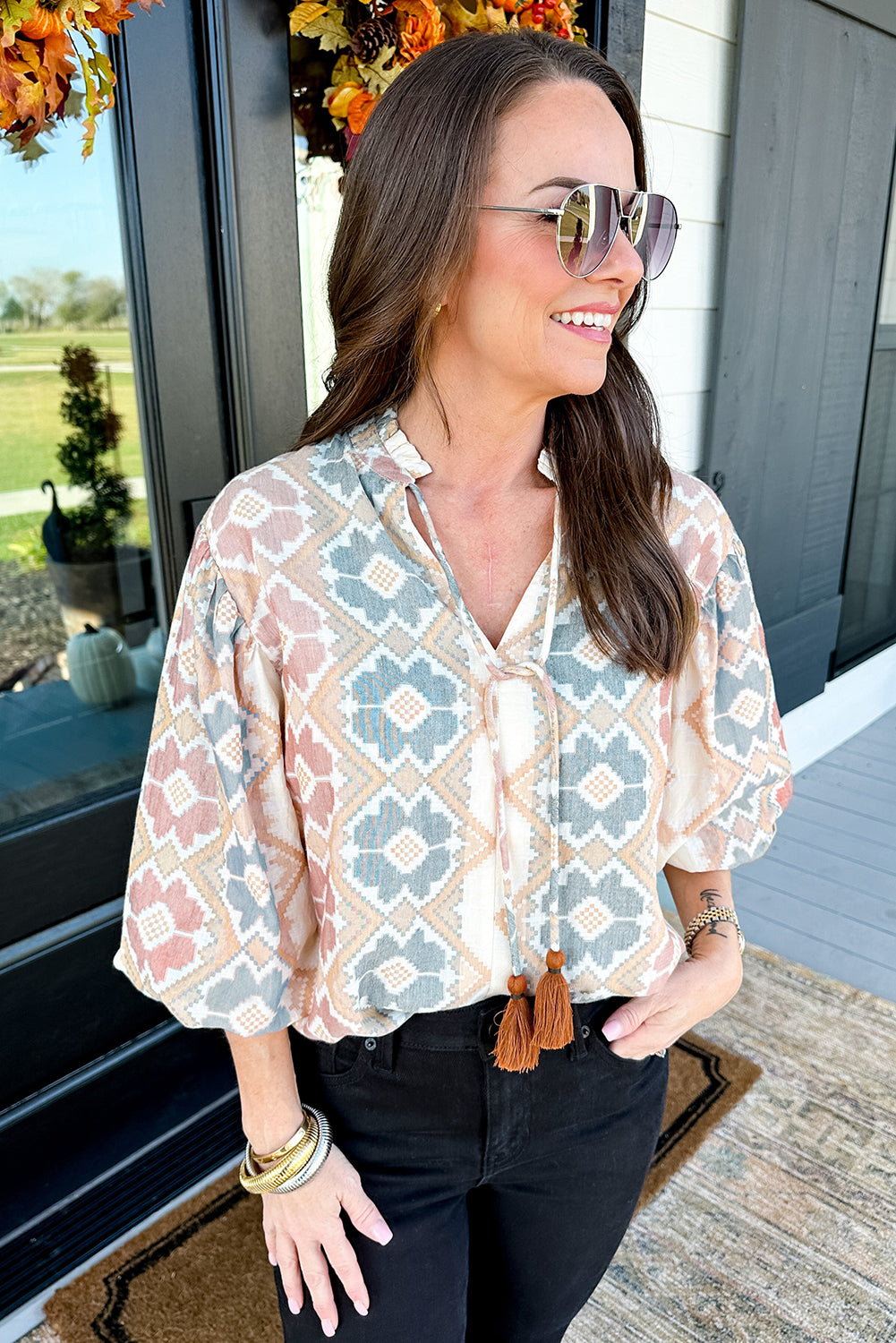 Khaki Geometric Print Tassel Tie Split Neck Balloon Sleeve Blouse-Chaelisa's New Jammies
