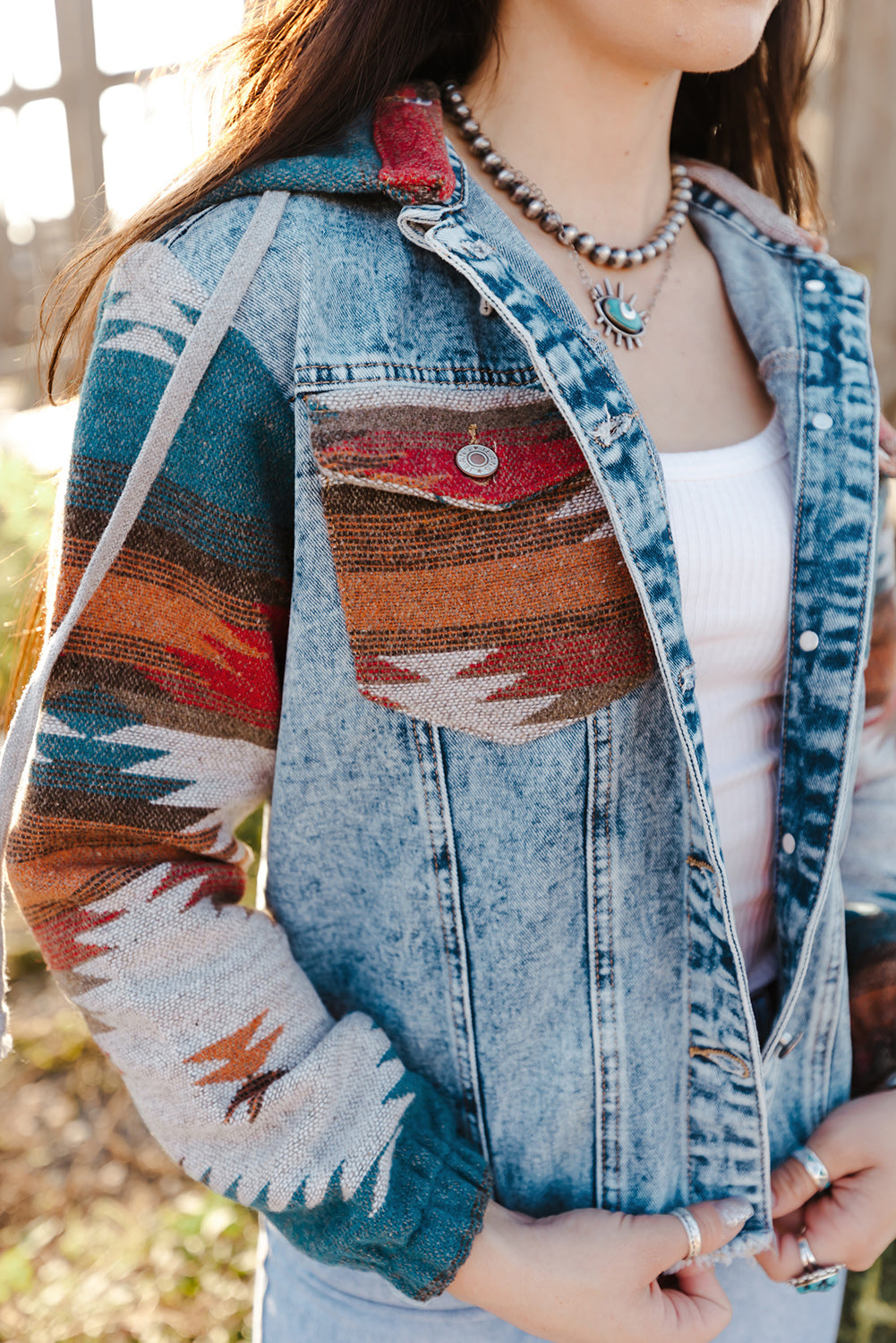 Multicolor Aztec Print Frayed Hem Denim Jacket-Chaelisa's New Jammies