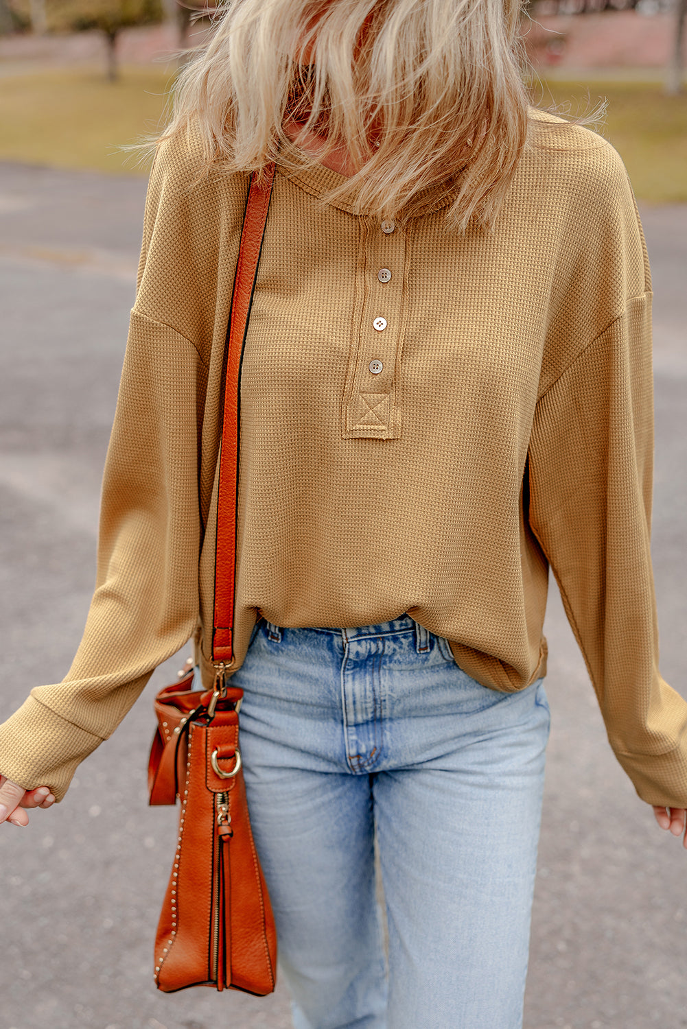 Camel Textured Knit Half Button Drop Shoulder Oversized Top-Chaelisa's New Jammies