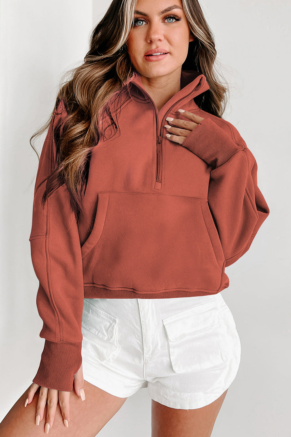 Gray Zip Up Stand Collar Ribbed Thumbhole Sleeve Sweatshirt-Chaelisa's New Jammies