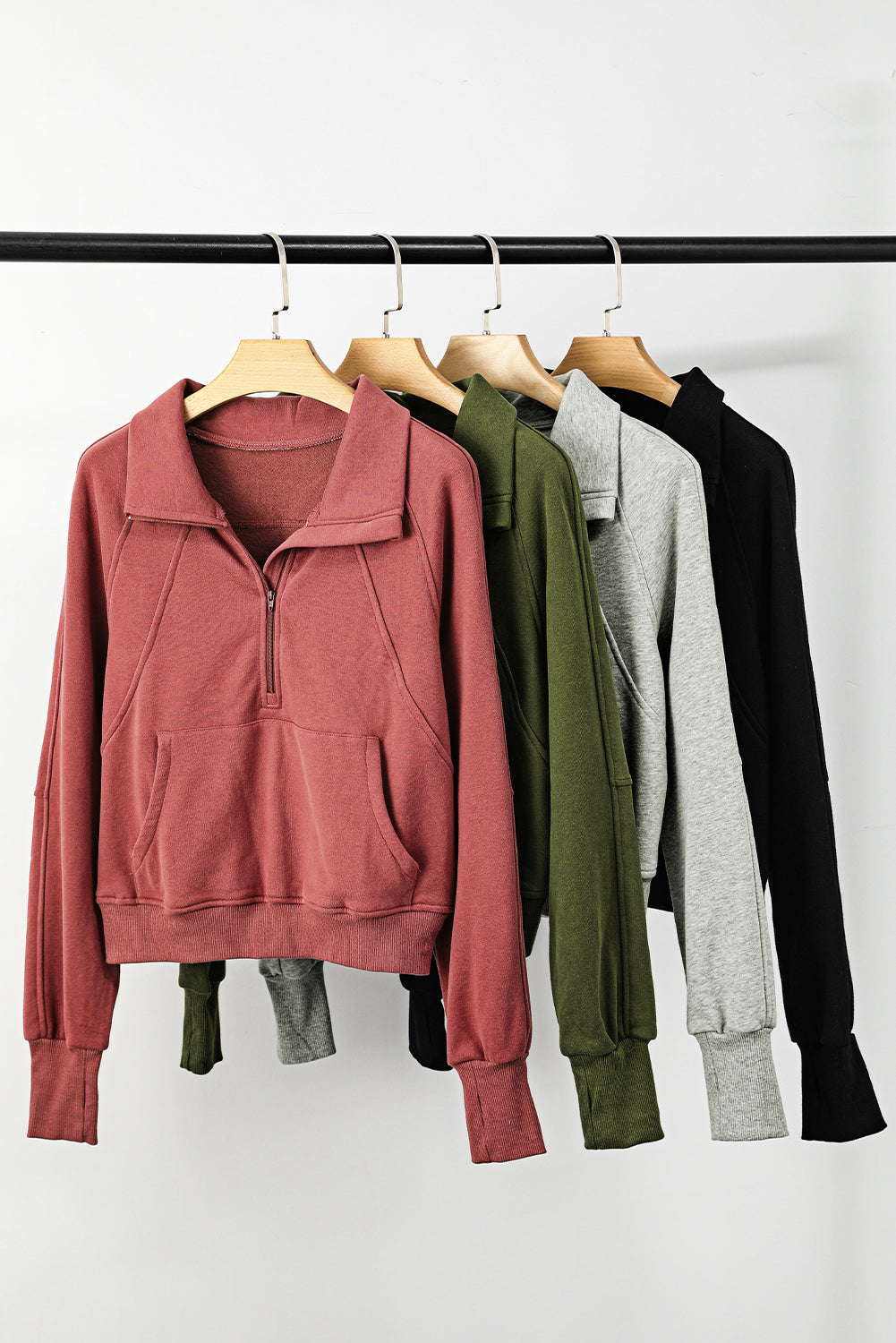 Gray Zip Up Stand Collar Ribbed Thumbhole Sleeve Sweatshirt-Chaelisa's New Jammies