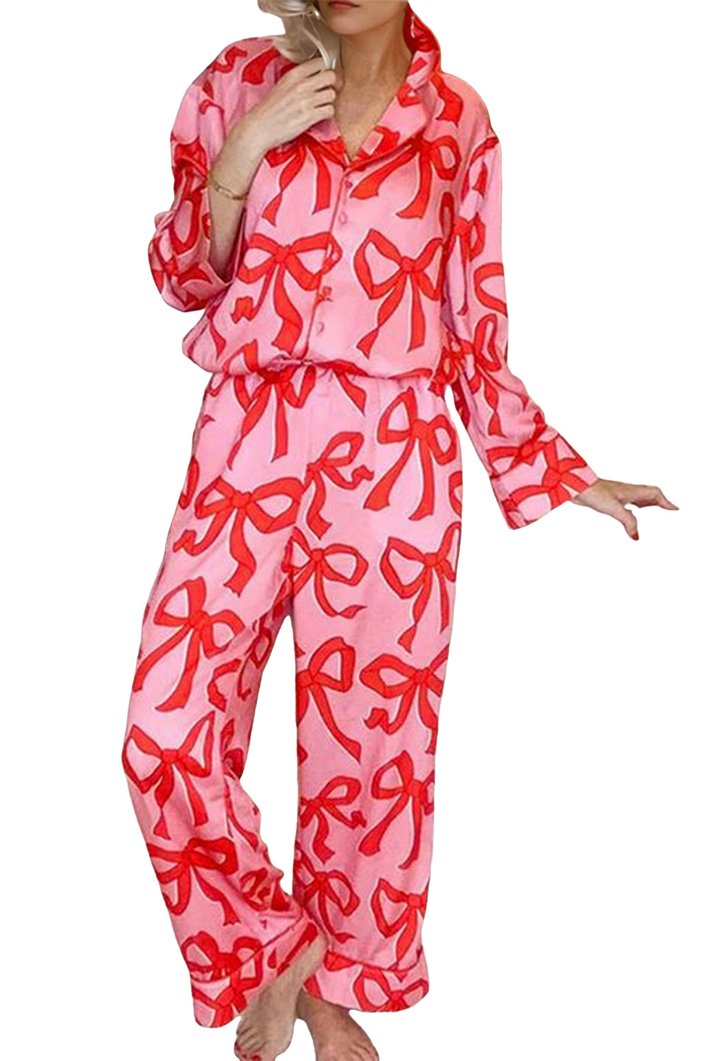 Pink 2pcs Bow Print Shirt Style Long Sleeve Pajama Set-Chaelisa's New Jammies