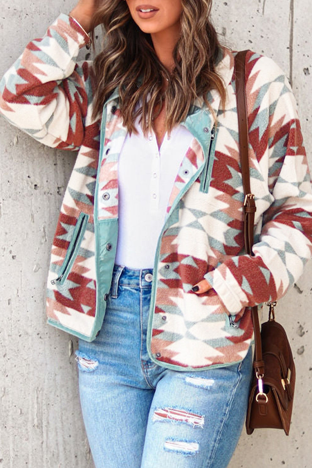 Fiery Red Western Aztec Buttoned Zipper Pockets Fleece Jacket-Chaelisa's New Jammies