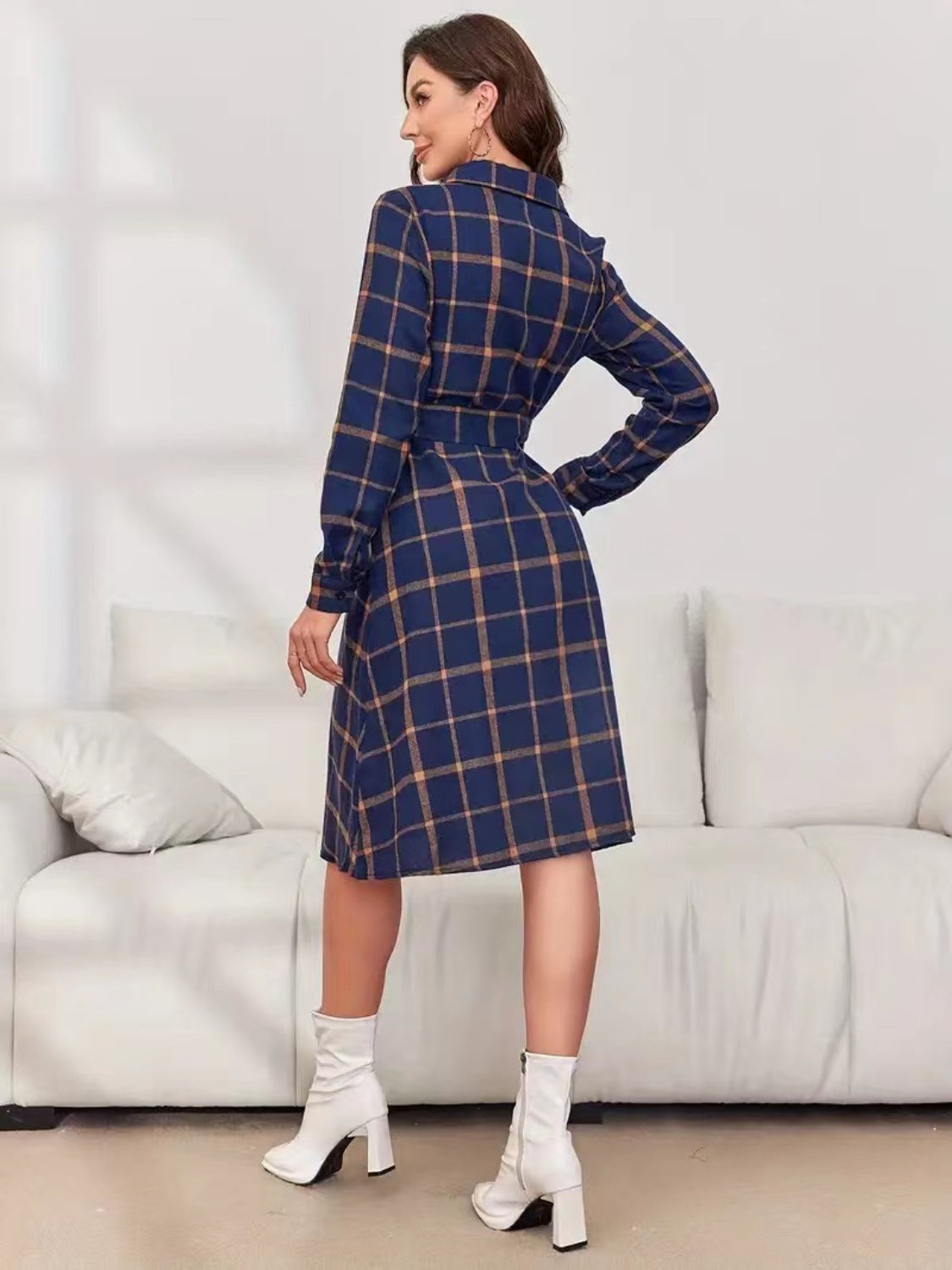Plaid Tie Waist Long Sleeve Dress-Chaelisa's New Jammies