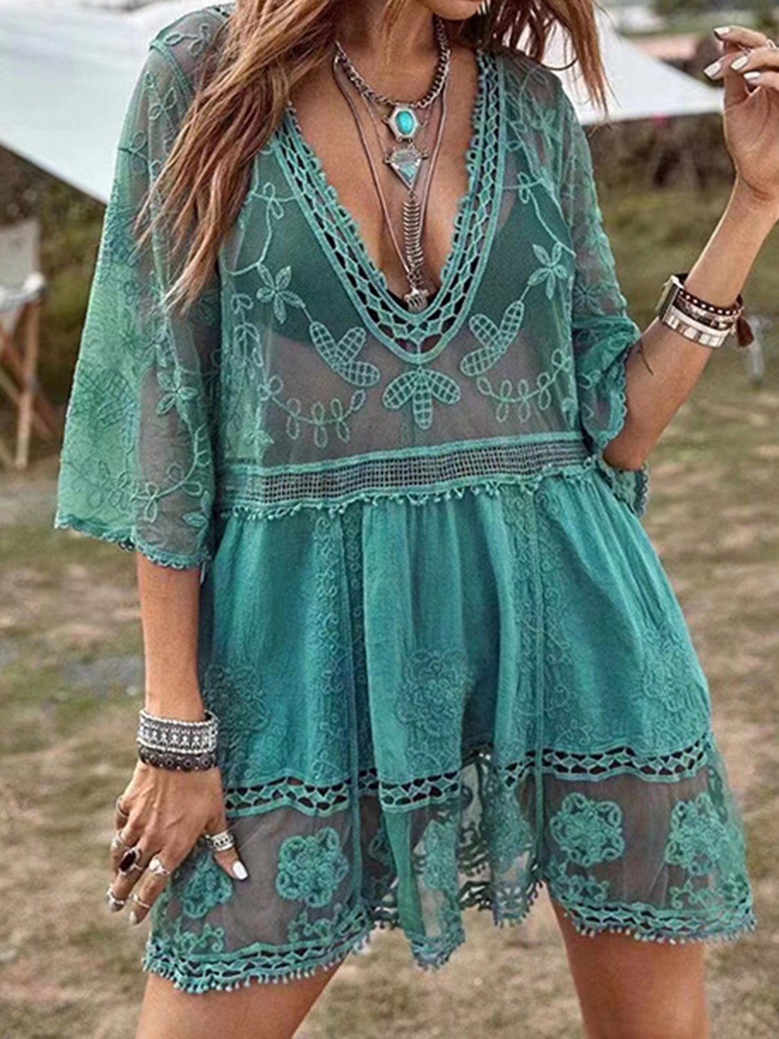 Lace Detail Plunge Cover-Up Dress-Chaelisa's New Jammies