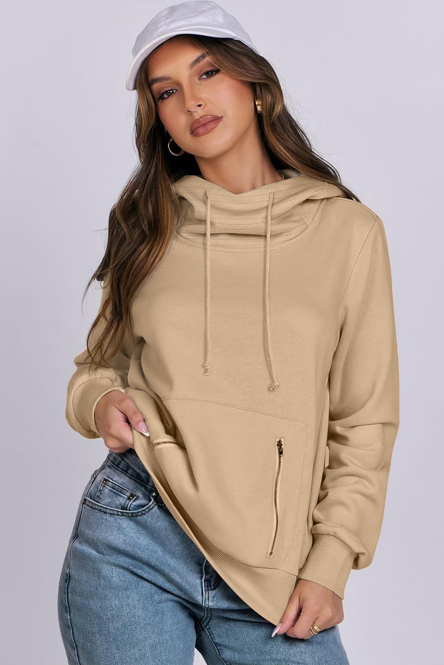 Parchment Zipped Pocket Cozy Drawstring Hoodie-Chaelisa's New Jammies