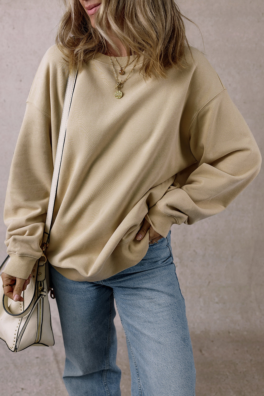 Parchment Solid Loose Crew Neck Fleece Sweatshirt-Chaelisa's New Jammies