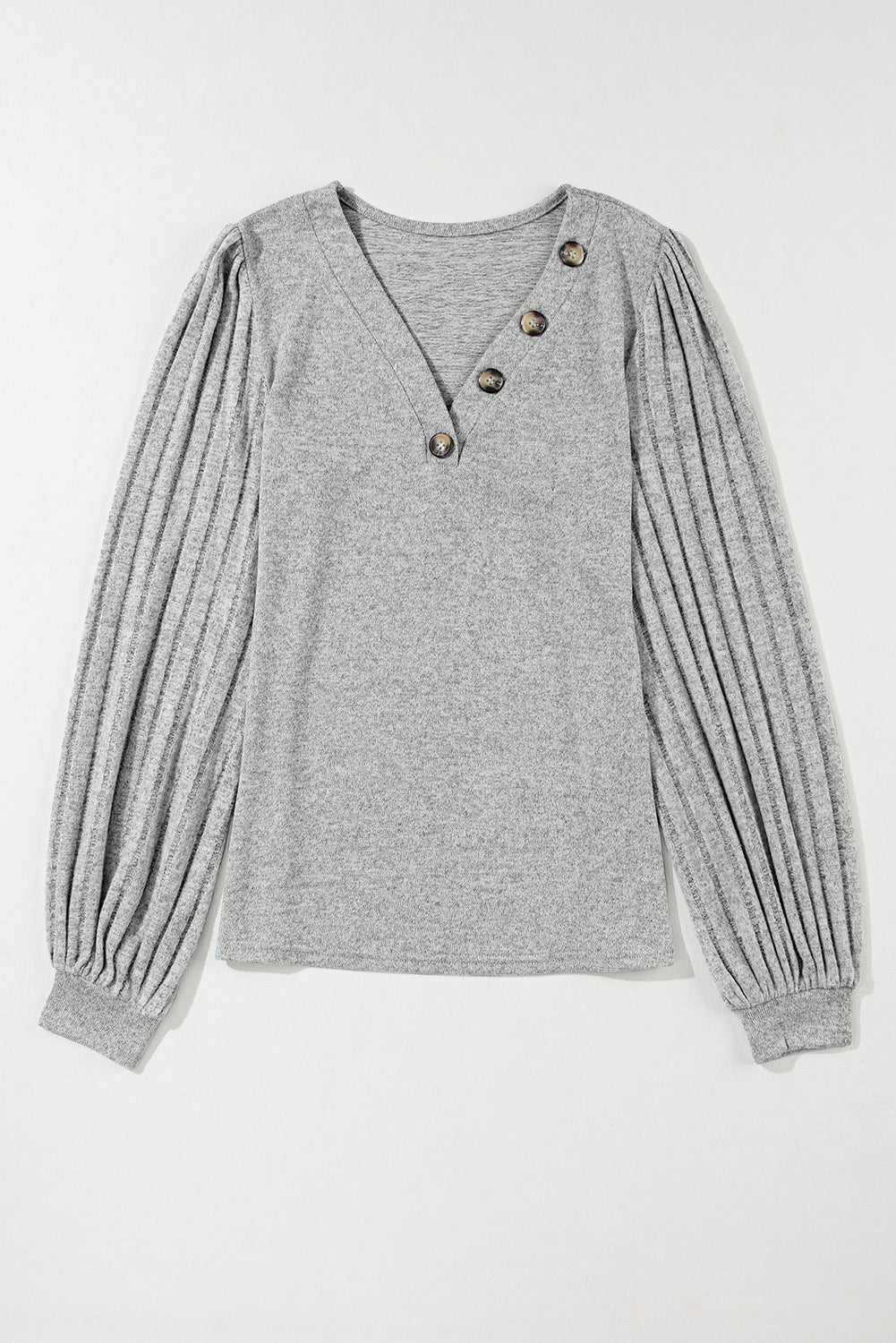 Light Grey Buttoned V Neck Ribbed Puff Sleeve Top-Chaelisa's New Jammies