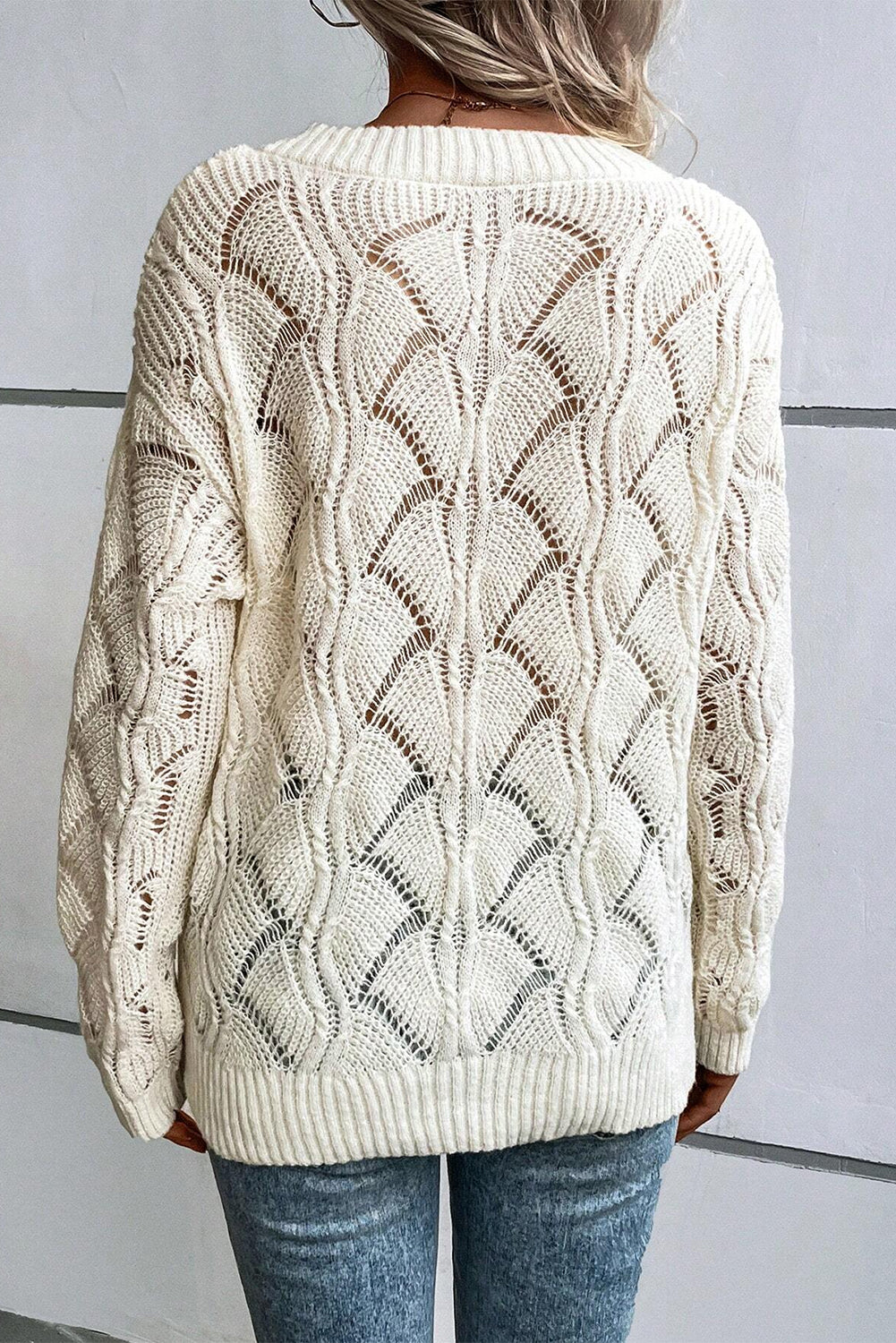 Beige Hollow Out Knit V Neck Drop Shoulder Sweater-Chaelisa's New Jammies