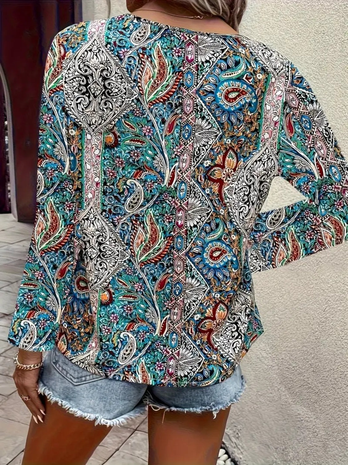 Printed V-Neck Long Sleeve Blouse-Chaelisa's New Jammies