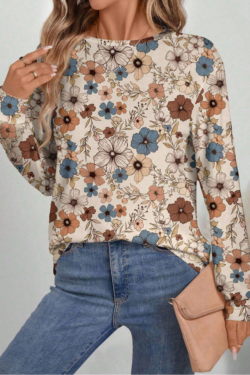 Khaki Floral Print Loose Crew Neck Long Sleeve T Shirt-Chaelisa's New Jammies