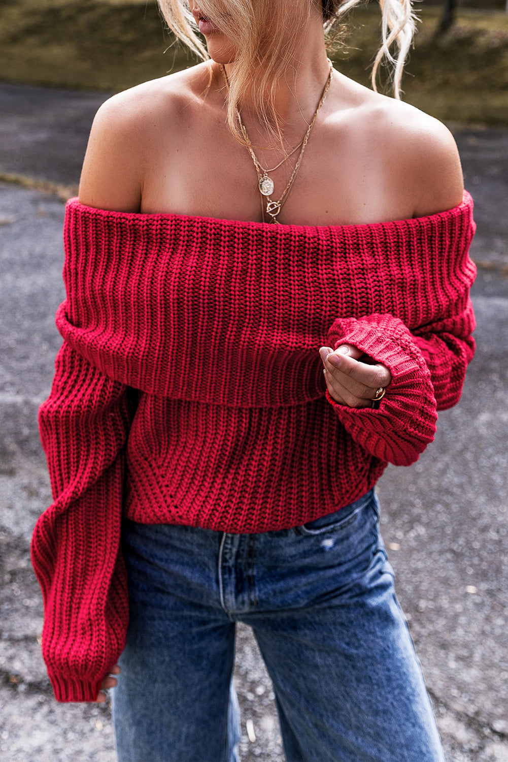 Racing Red Off-the-shoulder Knit Sweater-Chaelisa's New Jammies