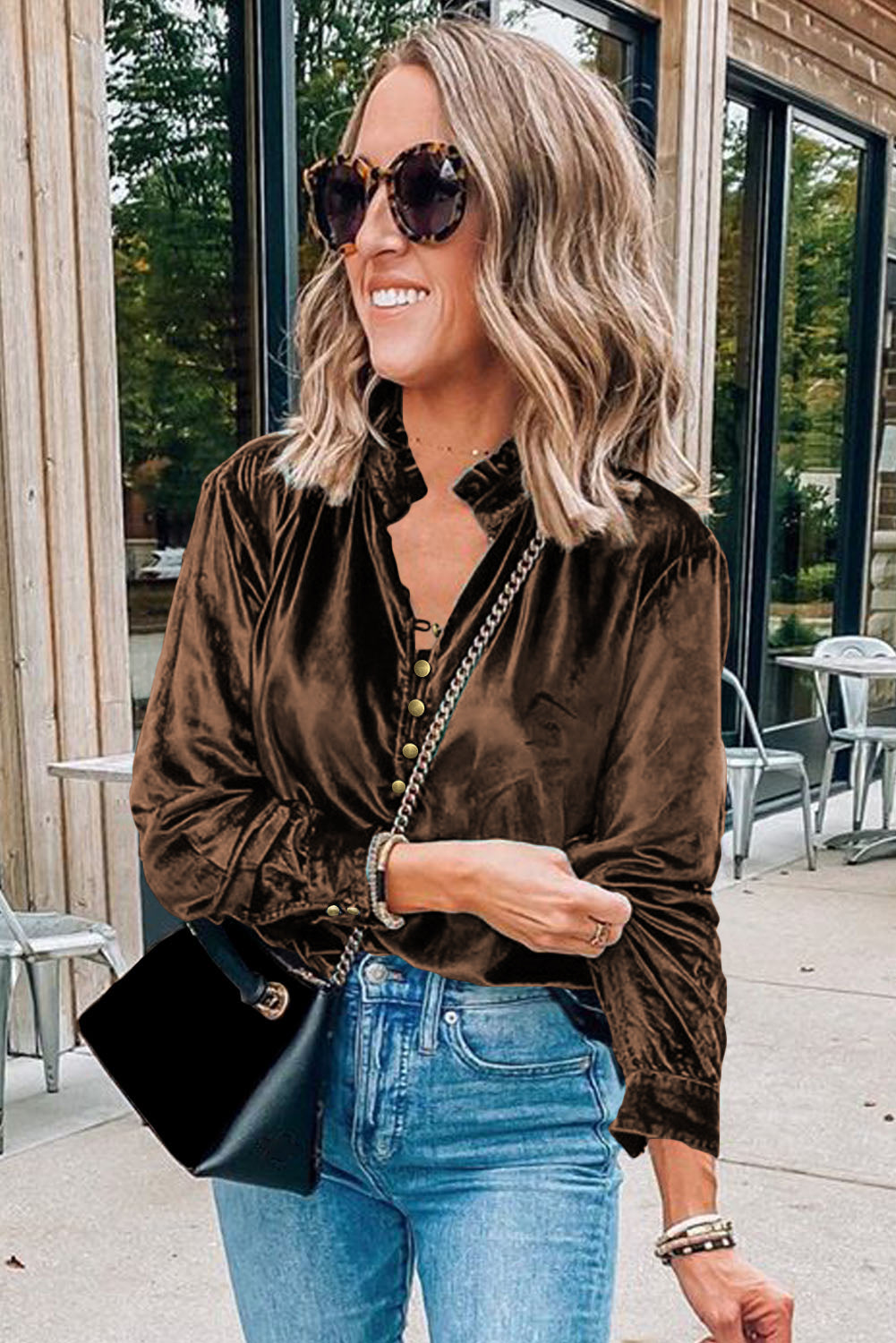 Navy Blue Frilled Buttoned V Neck Velvet Blouse-Chaelisa's New Jammies