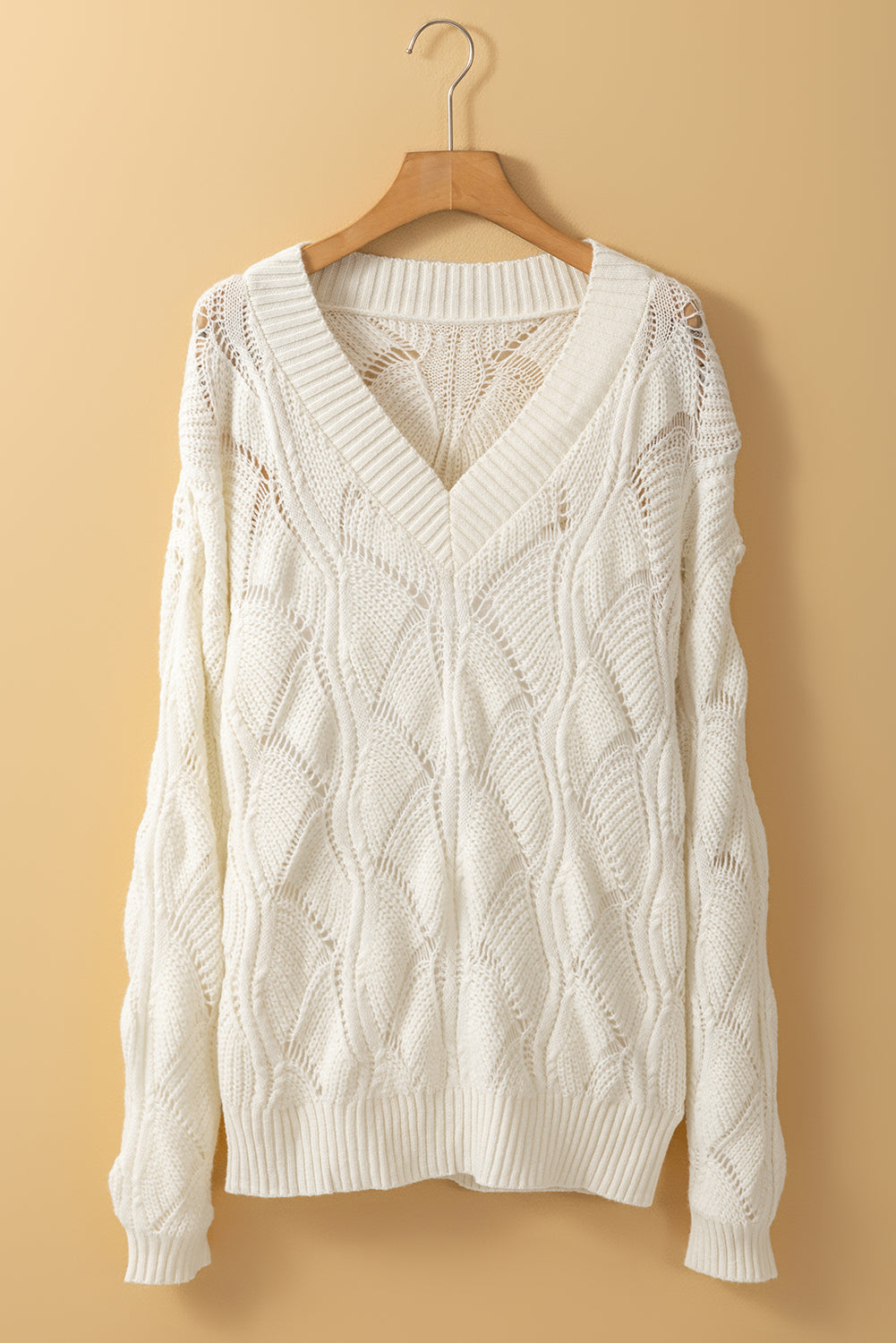 Beige Hollow Out Knit V Neck Drop Shoulder Sweater-Chaelisa's New Jammies
