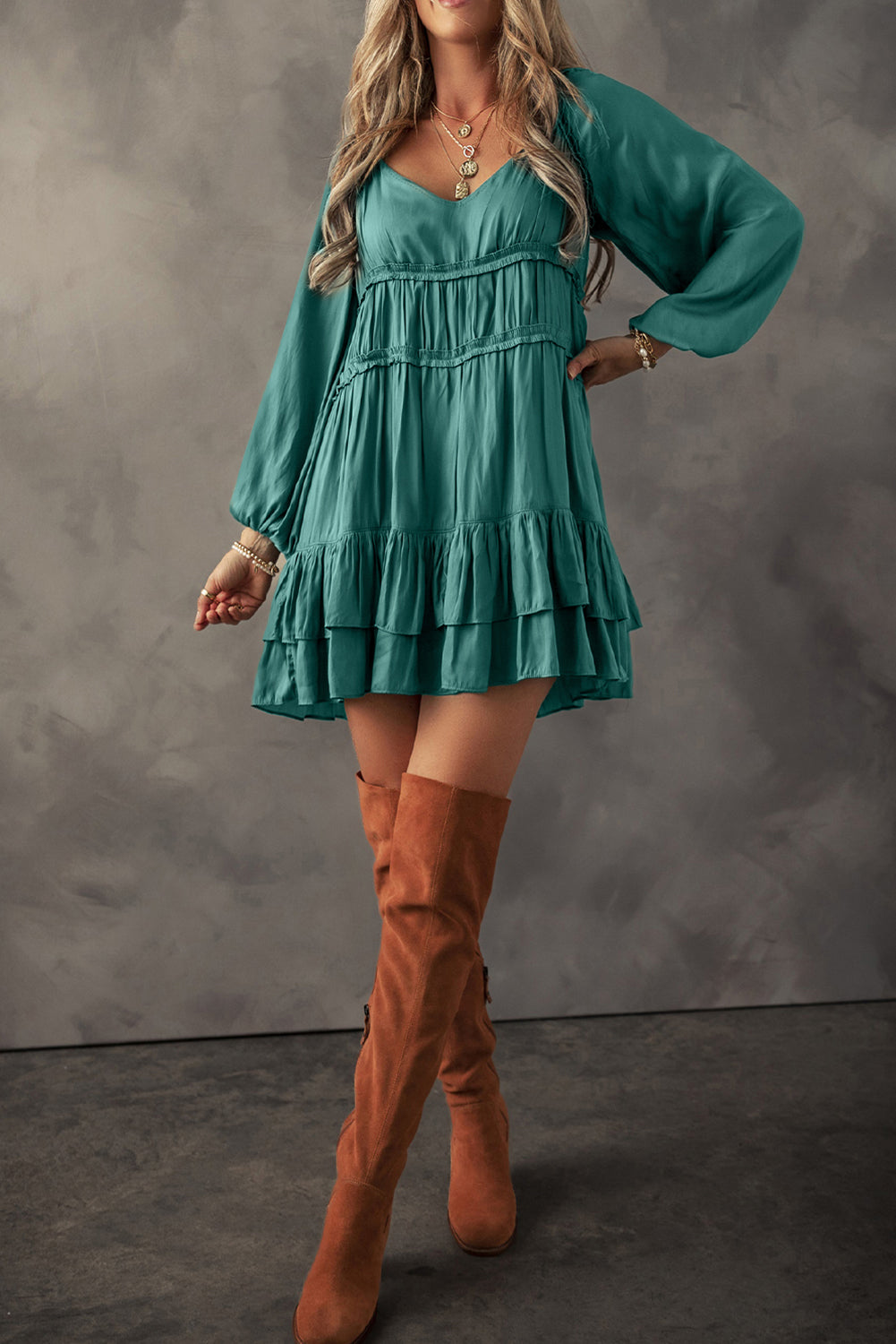 Mist Green Tiered Ruffled Puff Sleeve Loose Fit Mini Dress-Chaelisa's New Jammies
