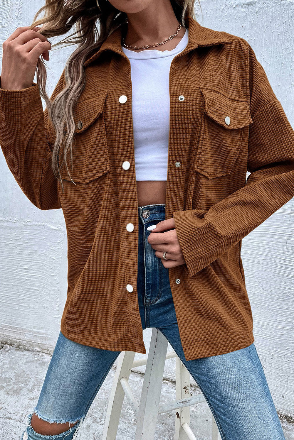 Brown Textured Flap Pocket Drop Shoulder Shacket-Chaelisa's New Jammies