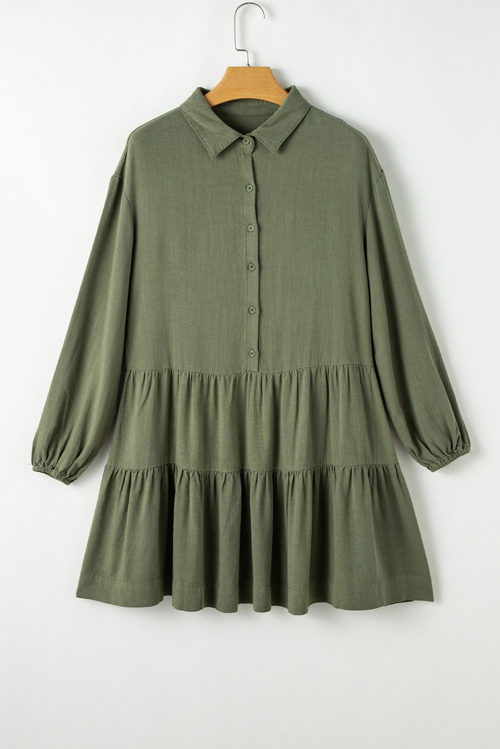 Jungle Green Puff Sleeve Buttoned Tiered Pleated Shirt Mini Dress-Chaelisa's New Jammies