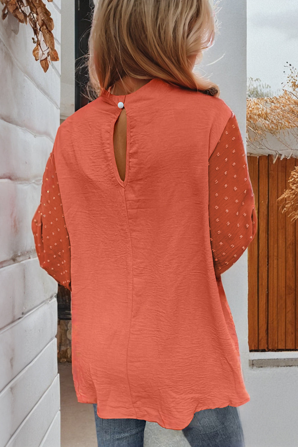 Russet Orange Swiss Dot Balloon Sleeve Patchwork Crinkle Blouse-Chaelisa's New Jammies