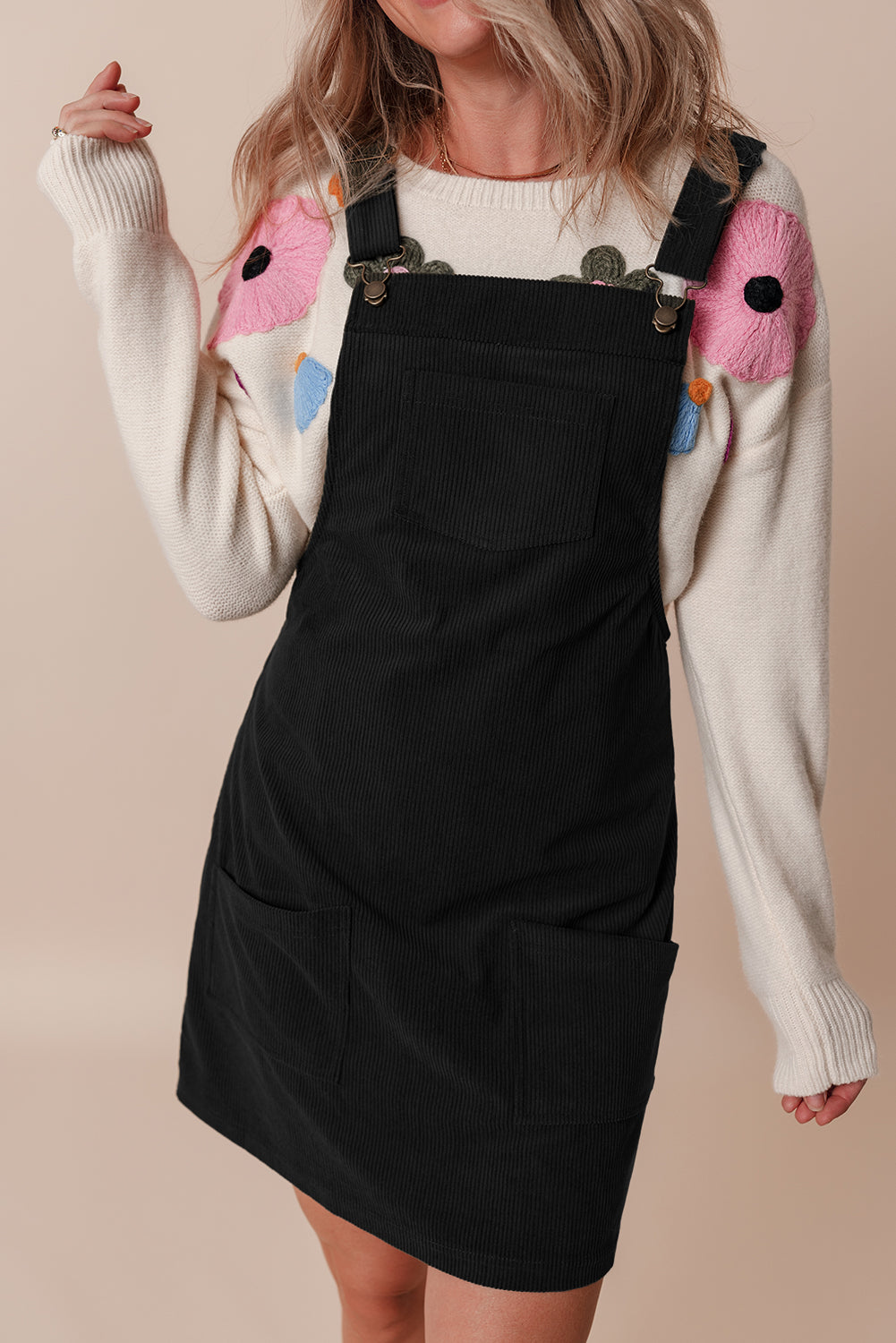 Black Solid Front Pockets Sleeveless Corduroy Overall Dress-Chaelisa's New Jammies